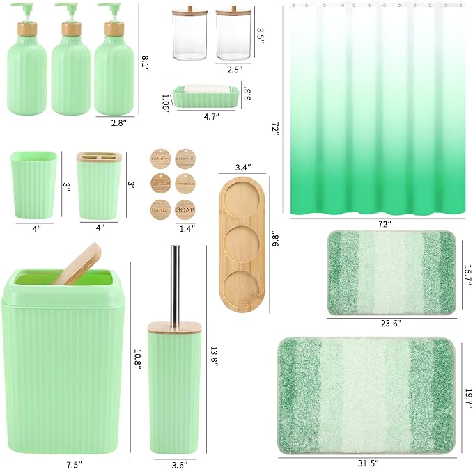 32PCS Green Bathroom Accessories Set with Shower Curtain,Rugs,Trash Can,3PCS Lotion Soap Dispenser, Toothbrush Holder, Soap Dish,Tumbler Cup,6PCS Wood Tags Bath Accessories with Tray for Bathroom