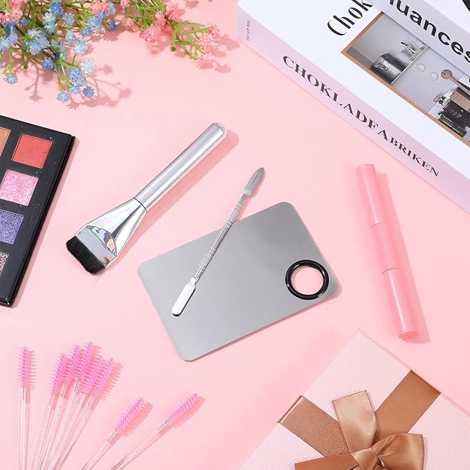 3PCS Makeup Mixing Palette Make up Spatula Tool Foundation Spatula Makeup Plate Tray, Professional Cosmetic Artist Accessories Set for Women Girl Korean for Eye Shadow Eyelash Nail Art(Metal)