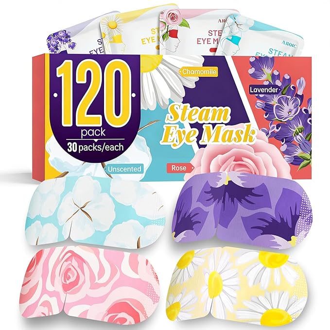 AROIC 120 Pack Steam Eye Masks Disposable for Dry Eyes, Heated Sleep Eye Mask for Women Warm Compress for Eyes, Relaxation Mothers Day Gifts, Travel Essentials - Lavender, Unscented, Chamomile, Rose