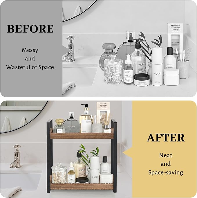 2 Tier Bathroom Organizers and Storage, Farmhouse Countertop Organizer for Bathroom Storage, Makeup Organizer for Decor, Wood Shelf for Skincare Kitchen Coffee Bar, Vanity Accessories (Dark Brown)