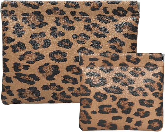 2 Leopard Leather Small Makeup Pouches Set for Women,Cosmetic Accessories,Waterproof and Portable Cosmetic Bags,Self-closing,No Zipper, Aesthetic Storage Pouch,Lipstick for Purse, Brown
