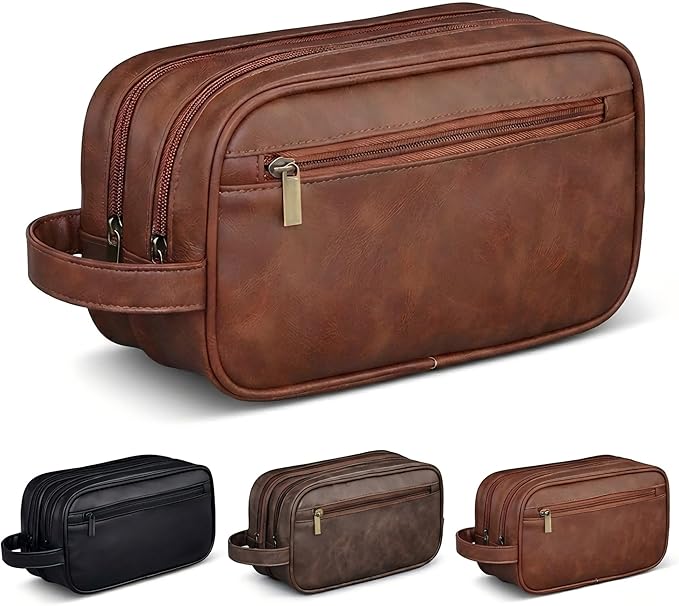 Men’s Toiletry Bag Travel Dopp Kit – double-deck PU Leather Water-Resistant Shaving Organizer Large Capacity, Double Compartments & Inner Pockets for Grooming, Bathroom & Gym Trip Toiletry Case(Black)