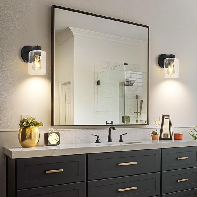 Black Bathroom Wall Sconces: Vanity Fixtures with Clear Glass Shade, E26 Base Hardwired Farmhouse Wall Lights for Bedroom Living Room Bathroom (Bulb not Included)