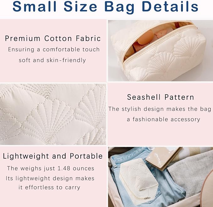 uekeboag 3Pcs White Quilted Cotton Makeup Pouch,Coquette Quilted Toiletry Bag for Women and Girls, Floral Coquette Organizer Bag, Aesthetic Travel Cosmetic Bags(3Pcs White Shell)