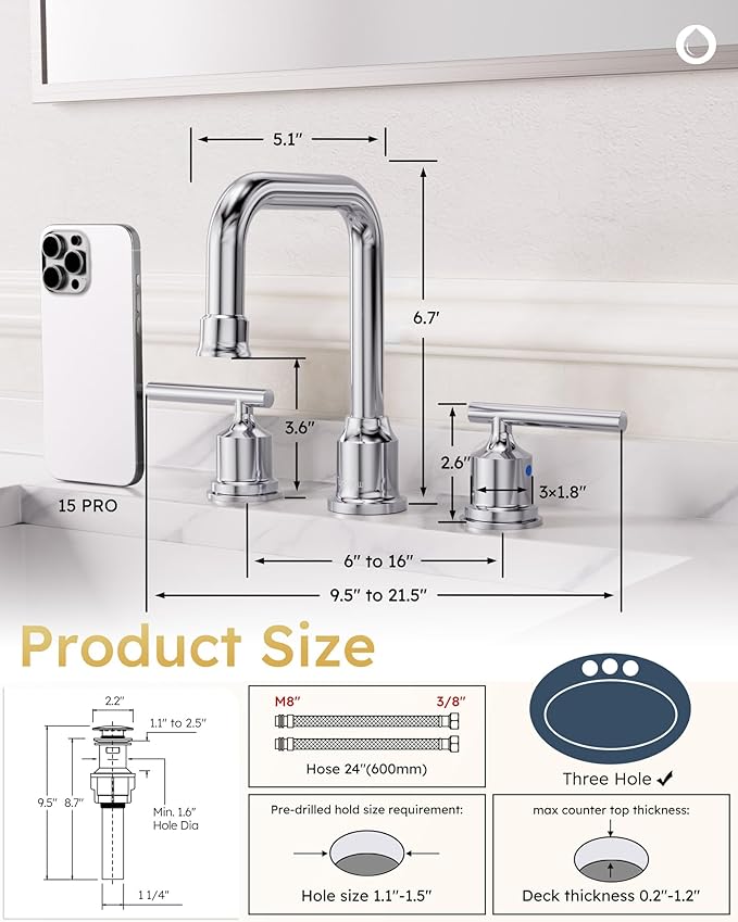 WOWOW Widespread Bathroom Faucet Chrome 8 inch Bathroom Sink Faucet Adjustable 3 Pieces Basin Faucets 360° Swivel Spout Modern Lavatory Faucet Vanity Faucets Water Supply Lines Quick Install Pipe
