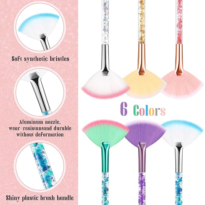 Nuenen 12 Pcs Soft Fan Facial Brushes Mask Acid Applicator Brush for Mud Cream Blush Makeup Peel Glycolic Multi Use Cosmetic Tools with Glitter Quicksand Handle and Pouch(Colorful)