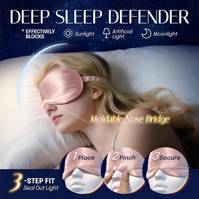 Silk Sleep Mask Eye Mask Blindfold with Double Layer Silk Filling and Elastic Strap for Full Night's Sleep, Travel and Nap, Soft Eye Cover Eyeshade with Luxury Bag and Ear Plugs (Champagne)