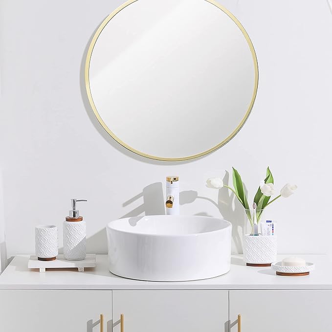 Elegant Bathroom Accessories Set 4 PCS Ceramic and Wood Bathroom Accessory Set Soap Dispenser Toothbrush Holder Tumbler Soap Dish Easy to Clean Quatrefoil Pattern White