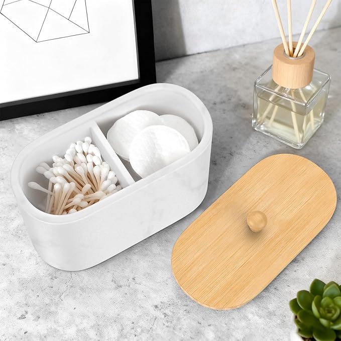 Cotton Swab Holder, Round Cotton Pads Balls Qtip Holder Dispenser with Lid, 2 Compartments Qtips Holder, Tampoms Period Box Bathroom Organizers Storage Bin Floss Dispenser Vanity Cosmetics, White
