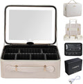 Leather Makeup Case with LED Lighted Mirror 11.4 Inch Travel Makeup Bag Adjustable Brightness in 3 Colors Cosmetic Organizer Artist Storage Bag with Dividers Brush Holder Bag Vanity Pale Gold