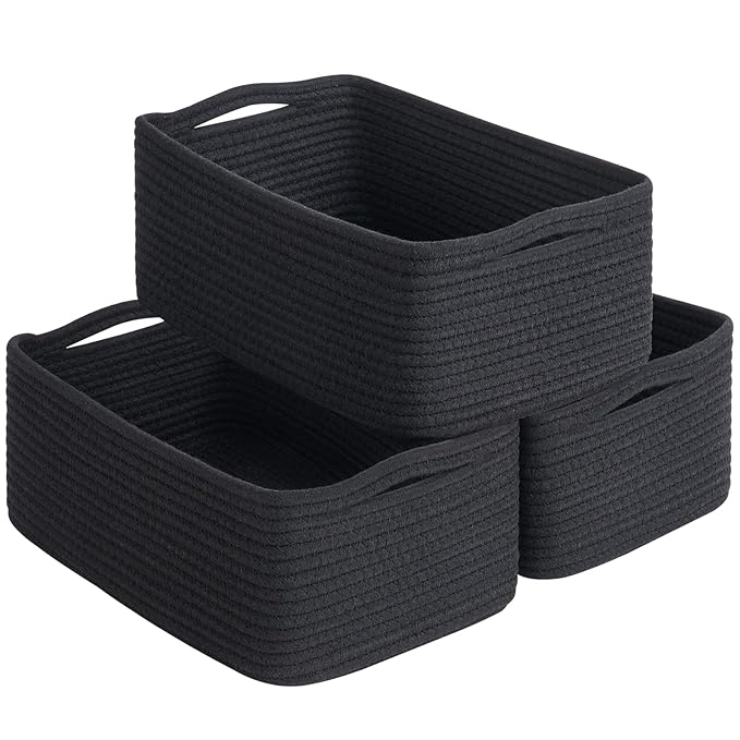 Goodpick Storage Baskets, Rope Shelf Basket Small Baskets for Gifts Empty Storage Baskets for Organizing Toy Baskets Storage Kids Storage Bins Woven Baskets 3 Pack, Black, 13 x 8 x 5 in