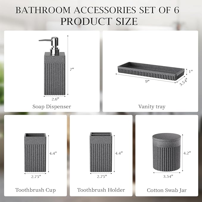 6-Piece Bathroom Set Grey - Stone Textured Resin Bathroom Organizer with Soap Dispenser, Toothbrush Holder, Vanity Tray, Tumbler & Cotton Swab Jars for Small Spaces