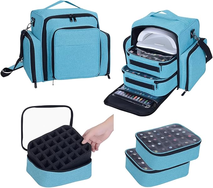 Nail Polish Organizer Case Holds 60 Bottles Portable Travel Storage Box with 2 Detachable Bags, Designed for Women's Nail Tools, Essential Oils and Cosmetics Sets Lake Green