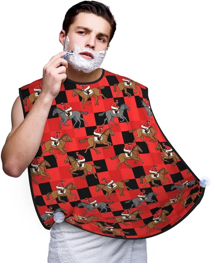Professional Beard Bib, Non-Stick Hair Catcher Apron Waterproof, Shaving Grooming Essential for Men Dad, Horse Racing Tartan Black Red Buffalo Plaid Checkered Shave Bib