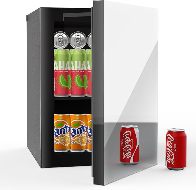 Stopasd Compact Beverage Refrigerator, 0.9 Cu.Ft/24 Can Mini Fridge with Adjustable Shelves & Mirror Door for Drink and Cosmetics,Quiet Compact Countertop Skincare Fridge for Bedroom/Office/Bar