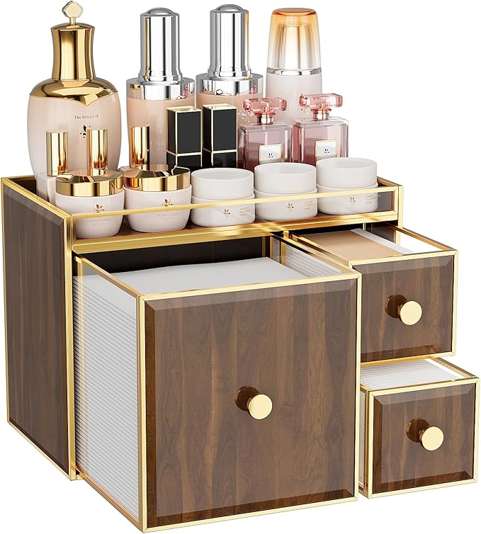 Tempered Glass Face Towel Holder with 3 Drawers, Bathroom Vanity Organizer for Disposable Face Towels, Cotton Pads, Swabs and Skincare