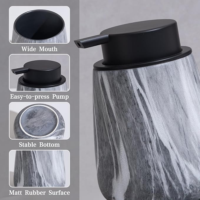 12Oz Ceramic Liquid Soap Dispenser - Modern Lotion Hand Soap Dispenser with Easy-to-Press Black Pump, Reusable and Refillable Dish Soap Dispensers for Bathroom & Kitchen, Marble Grey