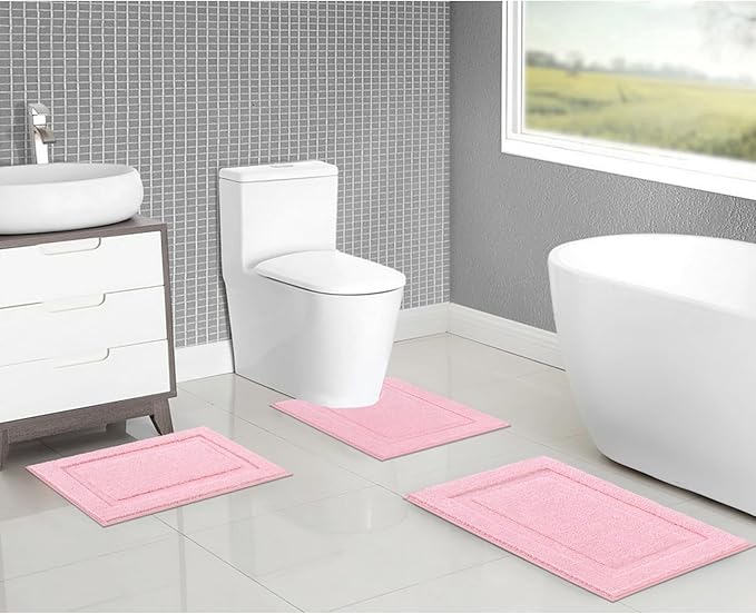 SHACOS Pink Bathroom Rugs Sets 3 Piece, 16"x24" + 20"x32" Non Slip Bath Mat and 20"x24" Toilet Rugs U Shaped Washable, Soft Fluffy Water Absorbent Bath Rugs for Bathroom