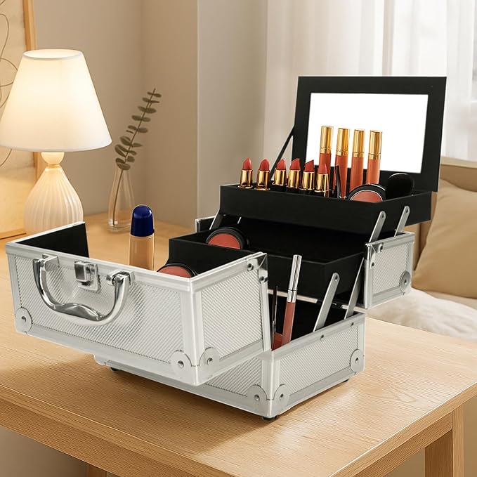 Makeup Train Case, Makeup Case Organizer with Mirror, Portable Cosmetic Box Storage with 2 Trays, Make Up Travel Case for Nail Kits Cosmetics Craft Traveling, Gifts for Women and Girls (Silver)