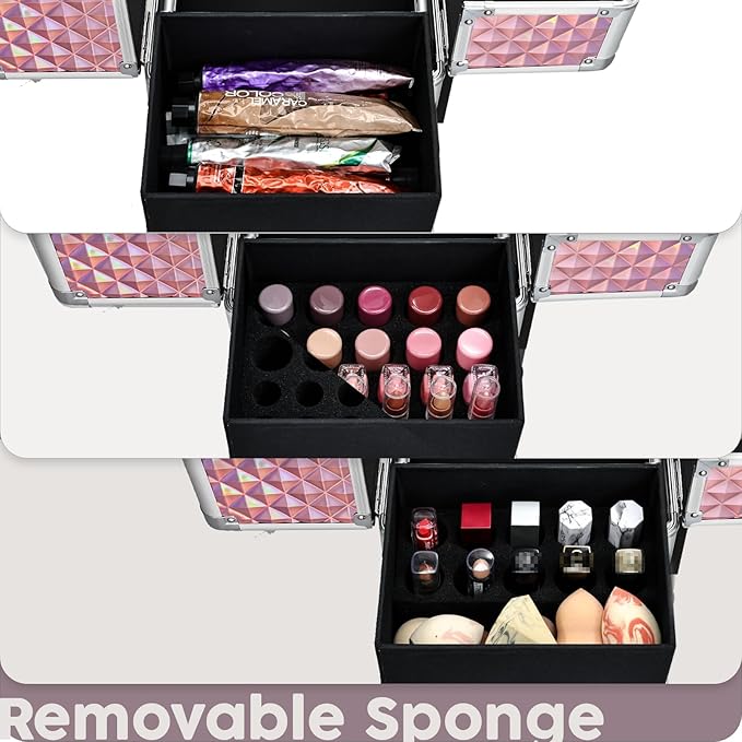 Rolling Makeup Case with Drawer Cosmetology Case on Wheels Makeup Trolley Sliding Drawer Makeup Travel Case for Esthetician, Mobile Stylist, Manicurist Barber Case Traveling Cart Trunk Glitter Pink