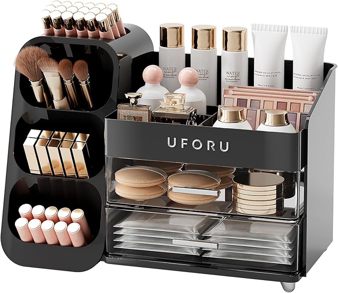 Makeup Organizer for Vanity with Brush Holder, Countertop Skincare Organizer with 2 Drawers, Spacious Cosmetic Display Case for Perfumes, Cologne, Shaving Lotion