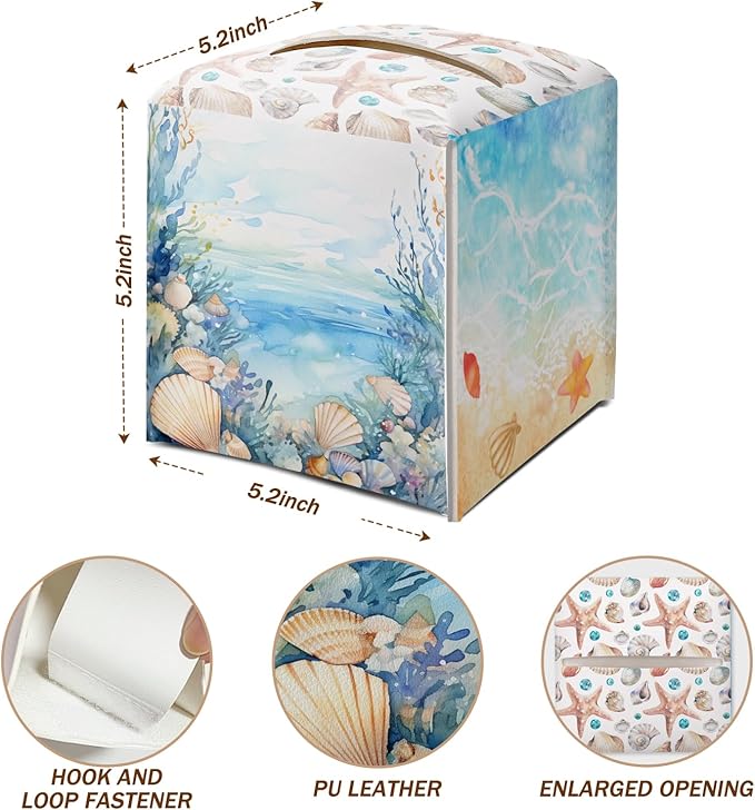 Coastal Starfish Seashell Tissue Box Cover Square with Bottom Belt, Leather Waterproof Tissue Holder Facial Paper Case for Tabletop Home Office Bathroom Car Decor -10