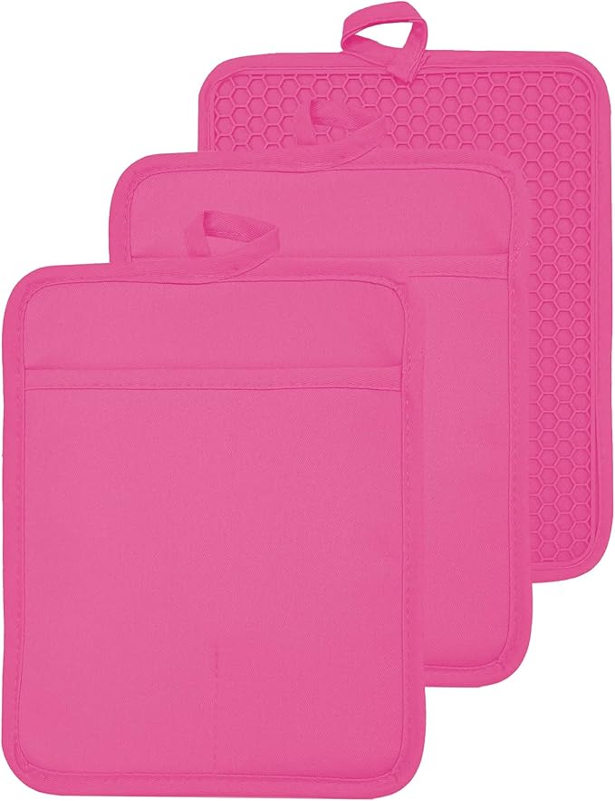 Oven Pot Holder with Pocket Cotton Heat Resistant Coaster Potholder Kitchen Hot Pad Oven Mitts for Cooking and Baking Square 7"x9" (Rose, Silicone)
