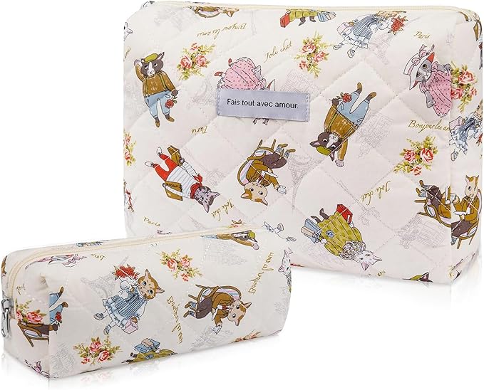 2PC Makeup Bag Set, Cute Cosmetic Bag for Women Girls, Floral Coquette Aesthetic Toiletry Bag, Travel Make Up Organizer Bag (Cat Print)