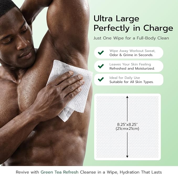 Green Tea Facial Cleansing Wipes, Extra Large No Rinse Cleansing Cloths for Body, Gentle Cleanse, Soothe & Hydrate, Travel Essentials & Disposable for Post Workout Cleanup & Elderly Hygiene, 10 Count