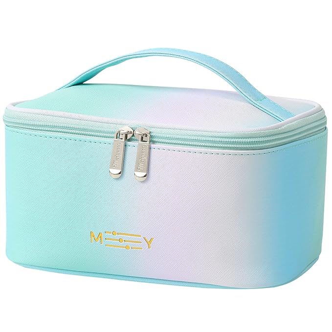 Meiyuuo Makeup Bag Large Cosmetic Bags for Women Girls Cute Travel Zipper Pouch Toiletry Organizer for Beauty Essentials Waterproof (Gradient Rainbow Green)