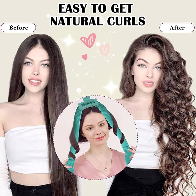 ZILAMPU No Heat Overnight Curl Headband, 70" Soft Wave Hair Rollers for Long Hair, 9 PCS Curl Rods Gift Set - Blue-green