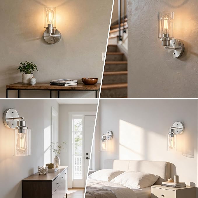 2-Pack Brushed Nickel Bathroom Wall Sconces, Modern Vanity Light Fixtures with Clear Glass Shade, 1-Light Wall Lamps Over Mirror for Bathroom, Bedroom, Hallway, Living Room
