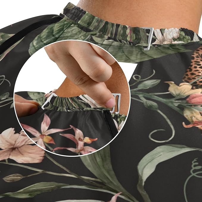 ALAZA Flower Green Leaves Butterfly Leopard Barber Cape for Men Women, Waterproof Haircut Apron Beard Shaving Bib Hair Cutting Cloth 55 x 65 Inch