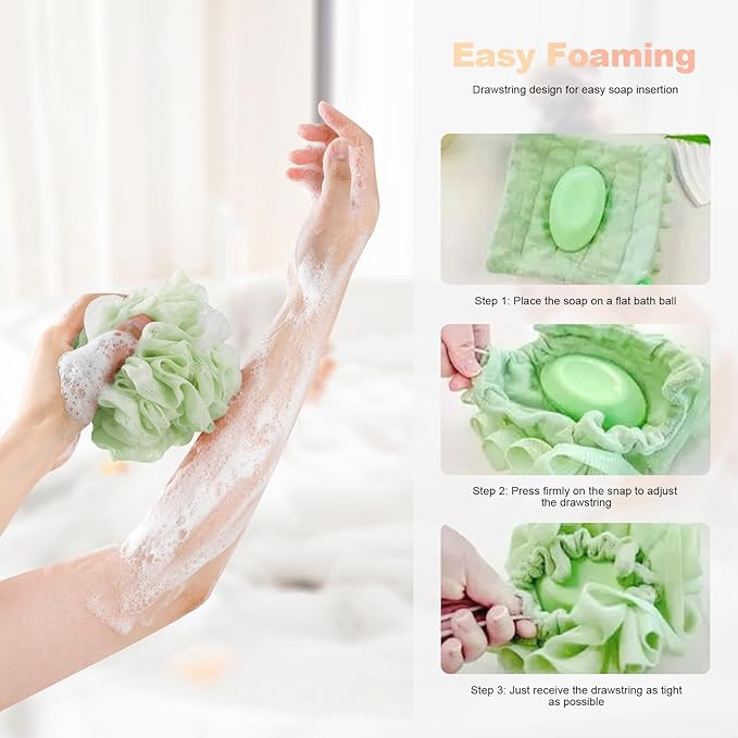 3-Pack Loofah Washcloth Combo 2-in-1, Soap Saver Pouch with Bar Soap Pocket, Exfoliating & Reusable Shower Sponge for Body Wash (Green, Purple, Khaki)