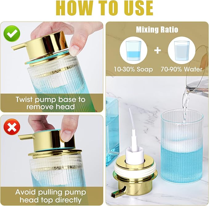 NiHome 14oz Multifunctional Glass Foaming Hand Soap Dispenser with Elegant Stripe Pattern, High-Capacity Easy to Refill for Home & Commercial Use, Advanced Foam Pump & Non-Slip Base (Gold)