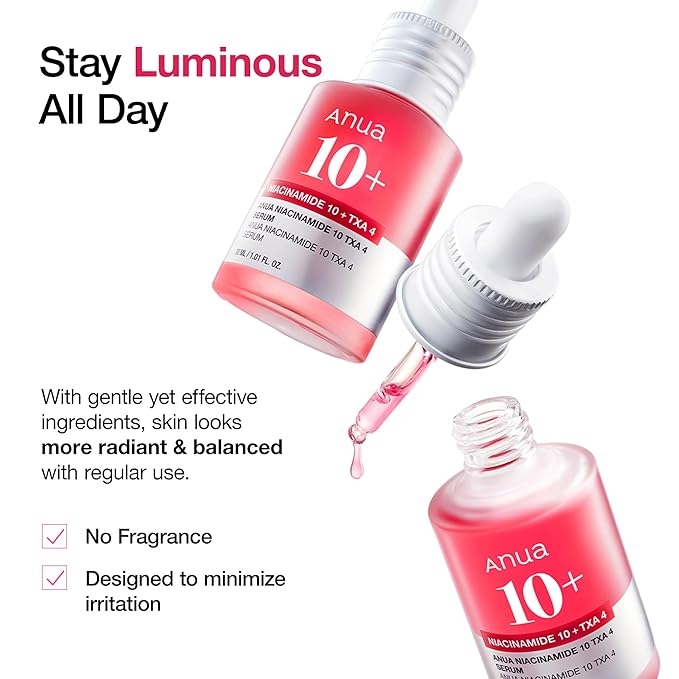 Anua Niacinamide 10 + TXA 4 Serum, Dark Spot Care, Hyaluronic Acid, Tranexamic Acid, Lightweight & Hydrating All-in-One Daily Facial Serum for Glass Skin, Korean Skincare, 1.01 fl.oz