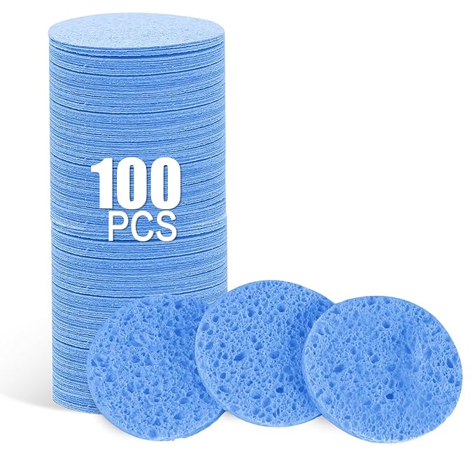 100-Count Facial Sponges Compressed Natural Cellulose Sponge Round Shape Face Sponge for Face Cleansing Exfoliating and Makeup Removal, Blue