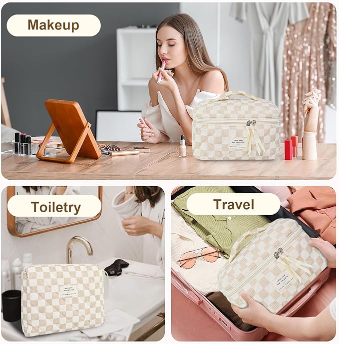 3Pcs Makeup Bag Cotton Quilted Travel Cosmetic Bag Cute Floral Makeup Pouch Large Toiletry Bag for Women Girls