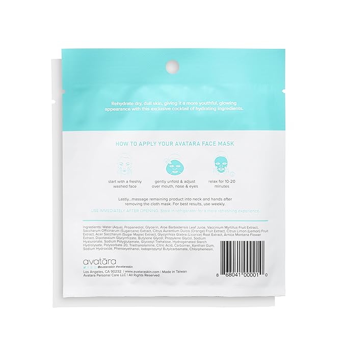 Avatara Drink Up Hydrating Face Masks 5-Pack | Clean K-Beauty Sheet Masks with Hyaluronic Acid & Aloe Vera | Gentle Moisture for Sensitive Skin | Vegan, Fragrance-Free, & Cruelty-Free Korean Masks