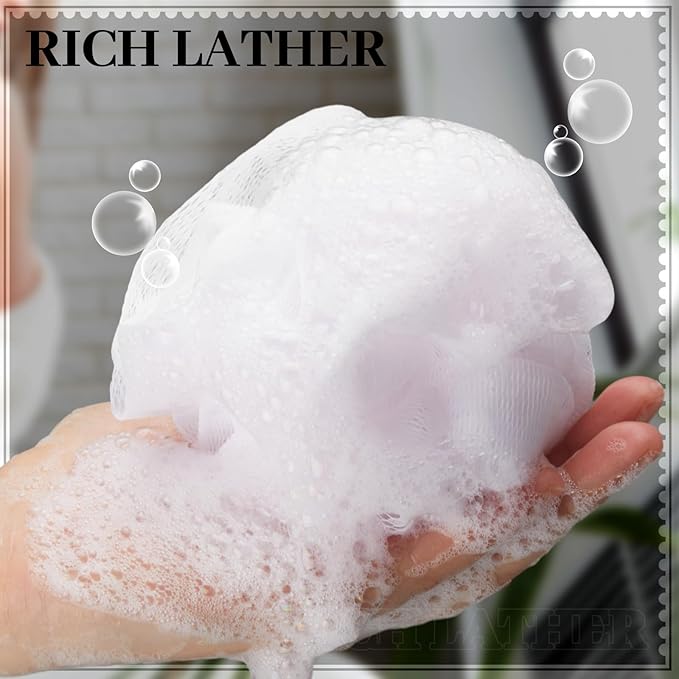 12 Pcs Travel Size Loofah Individually Wrapped, Small Shower Puff Bath Sponge Pouf Ball Bulk Mesh Bath Puff Mini Loofah Sponge with Case Bulk for Shower Care (50g,White)