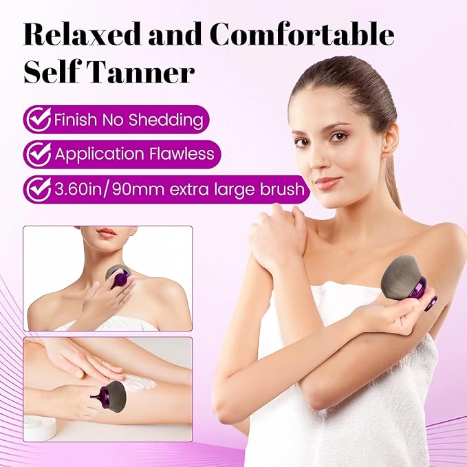 Extra Large Body Makeup Brush for Self Tanner, 90mm 3.6in Kabuki Self Tan Applicator for Face,Leg and Body,Bronzer,Tanning Mousse,Lotion and Foundation,Vegan Bristles with Drawstring Bag,Purple