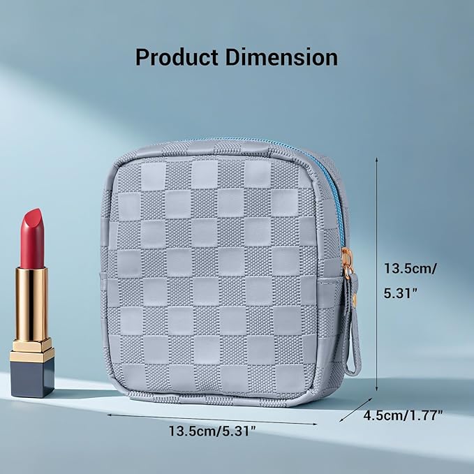 MAGEFY Small Makeup Bag for Purse, Checkered Makeup Bag Small Pouches for purse Leather Mini Make Up Bag Cute Cosmetic Bag for Women with Slip-in Pockets,Blue Haze