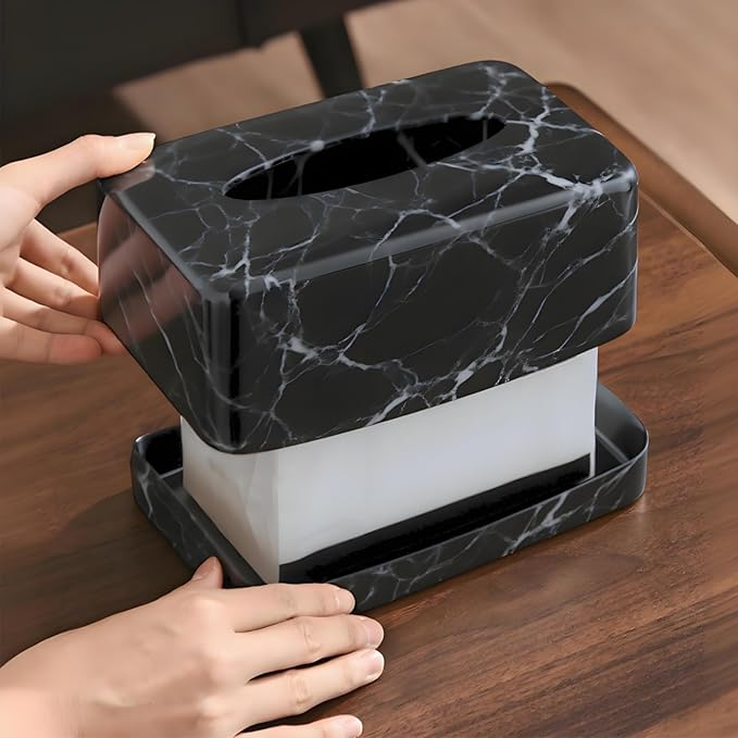 Tissue Box Holder, Rectangular Napkin Dispenser Box Cover, Black Faux Marble Facial Dryer Sheet Towel Organizer Case for Bathroom, Bedroom, Restaurant, Cars