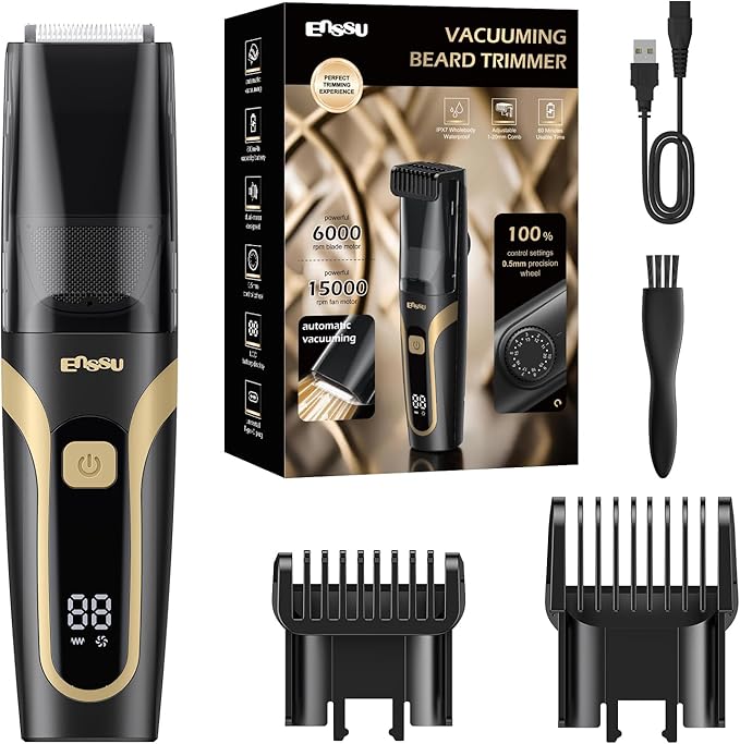 Beard Trimmer for men, Vacuum Mustache Trimmer with Type-C Charging, IPX7 Waterproof Electric Shaver Body Hair Trimmer for Men with LCD Display, Length Adjustable Blade Wheel (1/25"-4/5") (Black)
