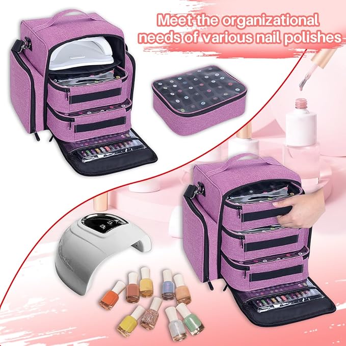 Nail Polish Organizer Storage Box, Holds 90 Bottles of Nail Polish, Portable Travel Case with 3 Separate Storage Bags, Can Be Used for Nail Art Supplies, Manicurists, etc Purple