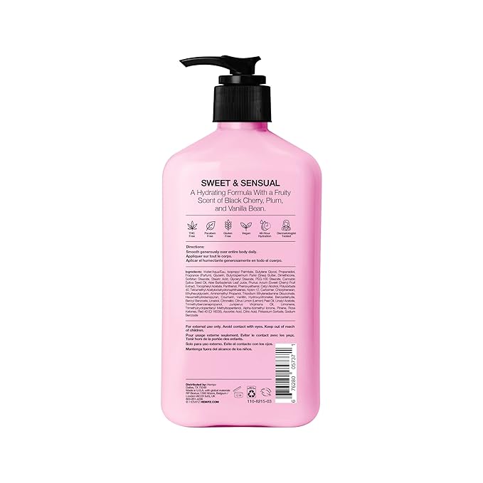 Hempz Cherry Body Lotion, Ultra Hydrating Daily Moisturizer, Self Care for Dry Skin and Hands, Dark Red Cherries, 17 oz.