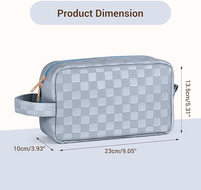 MAGEFY Makeup Bag, Checkered Travel Cosmetic Bag with Handle Leather Makeup Pouches for purse Make Up Bag Cute Makeup Bags for Women,Blue Haze