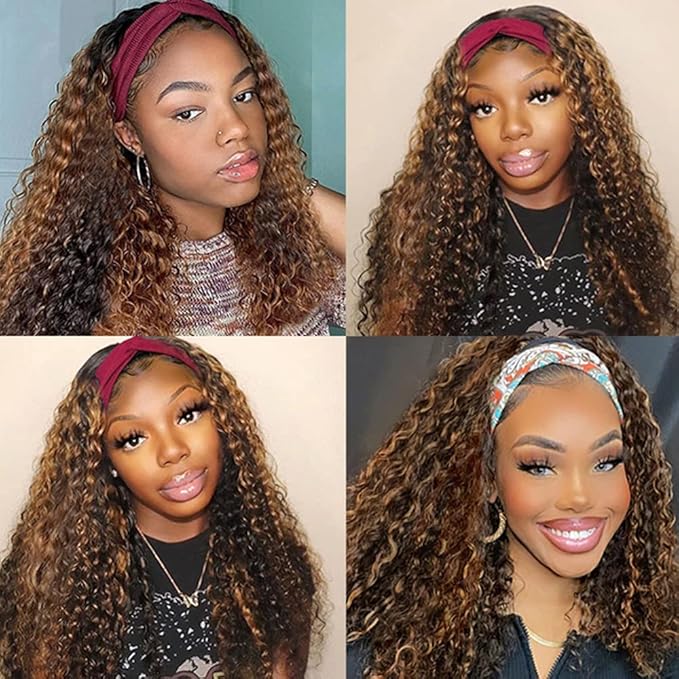 XSY Headband Wig Human Hair Highlight Ombre Curly Headband Wigs for Black Women None Lace Front Wigs 150% Density 4/27# Highglight Wig 16 Inch