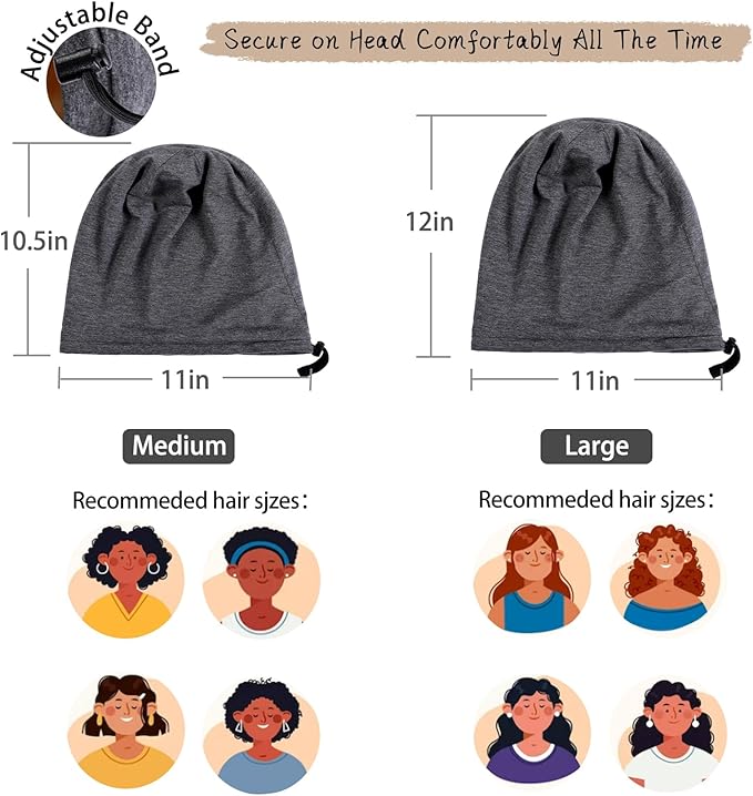 2 Pcs Adjustable Silk Hair Bonnet for Sleeping, Satin Lined Sleep Cap for Women and Men, Silk Hair Wrap Slouch Beanie.