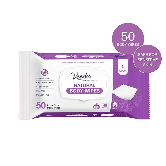 Veeda Natural Cotton Body Wipes for Adults - 50 Count, Hypoallergenic & pH Balanced Wet Wipe - Unscented Personal Cleansing Wipe Safe for Sensitive Skin, Plant based Soft Wipes